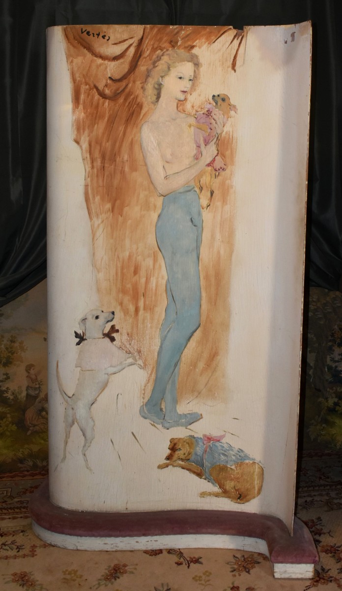Marcel Vertès (1895-1961), Painting On Screen, Cabaret, Young Woman With Small Dogs, -photo-3