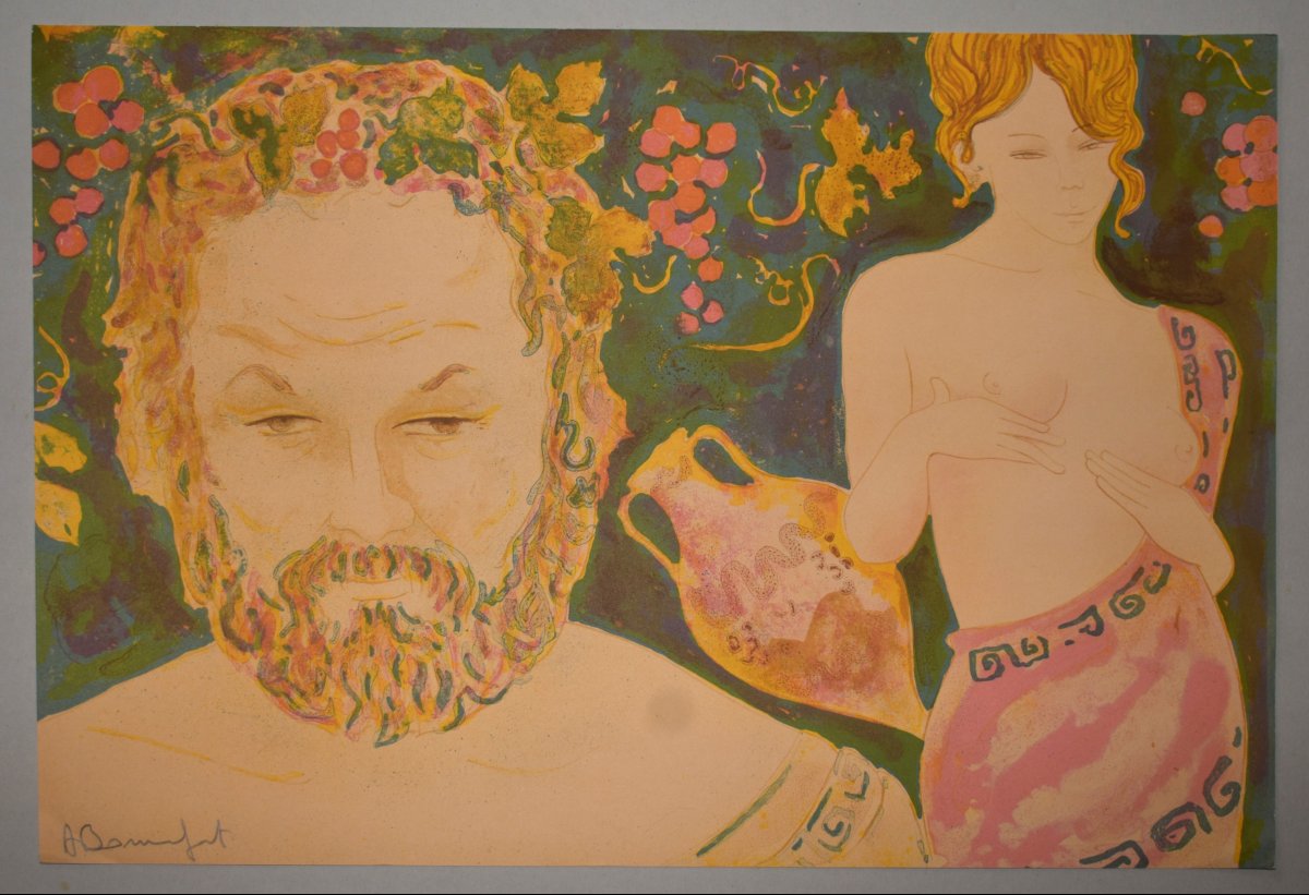 Alain Bonnefoit  , Lithographie en couleur, papier vélin,   Bacchus et Vénus , nu féminin-photo-2