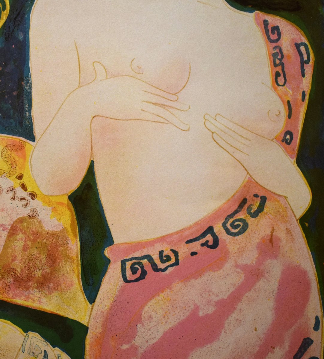 Alain Bonnefoit  , Lithographie en couleur, papier vélin,   Bacchus et Vénus , nu féminin-photo-4