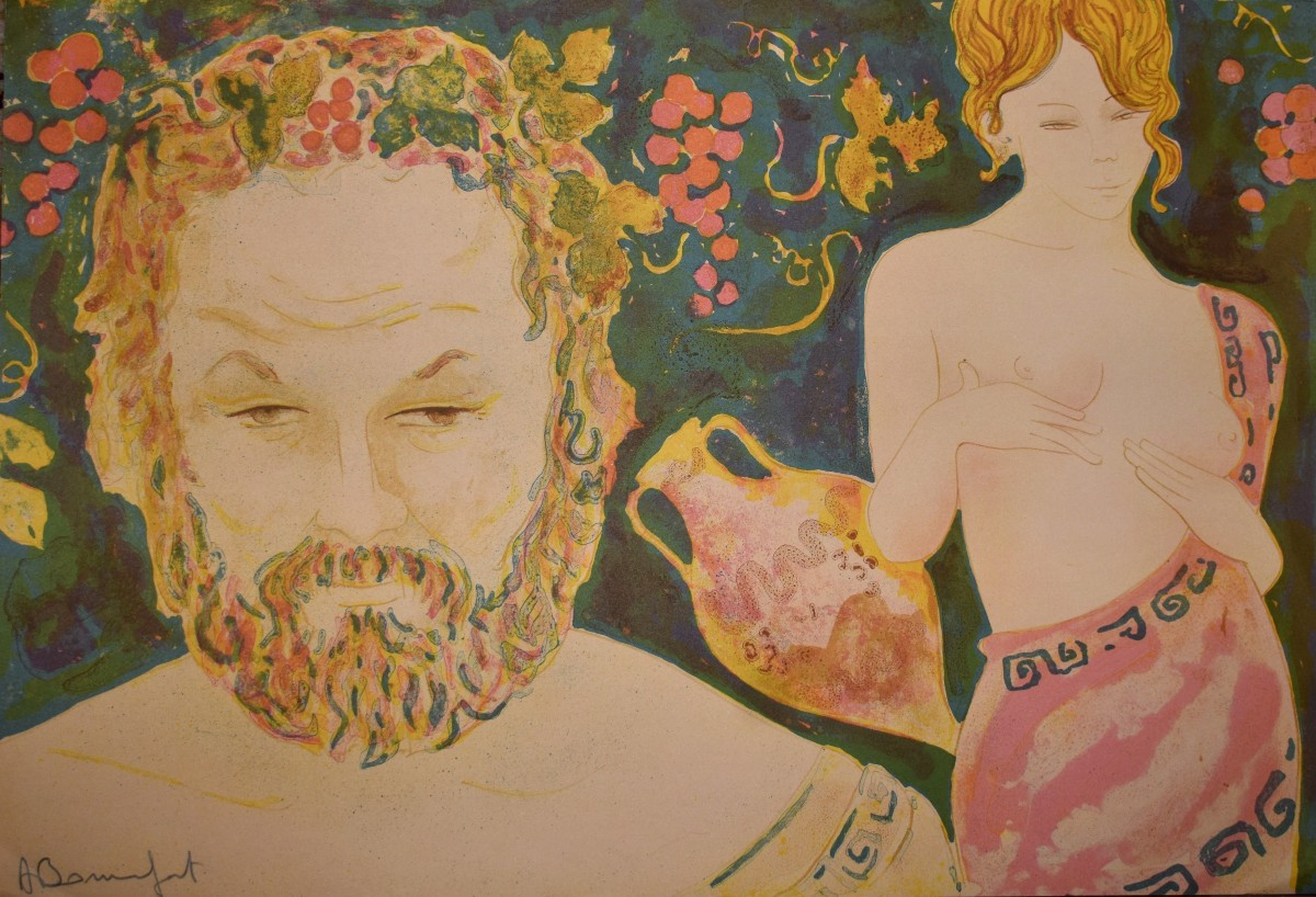 Alain Bonnefoit  , Lithographie en couleur, papier vélin,   Bacchus et Vénus , nu féminin