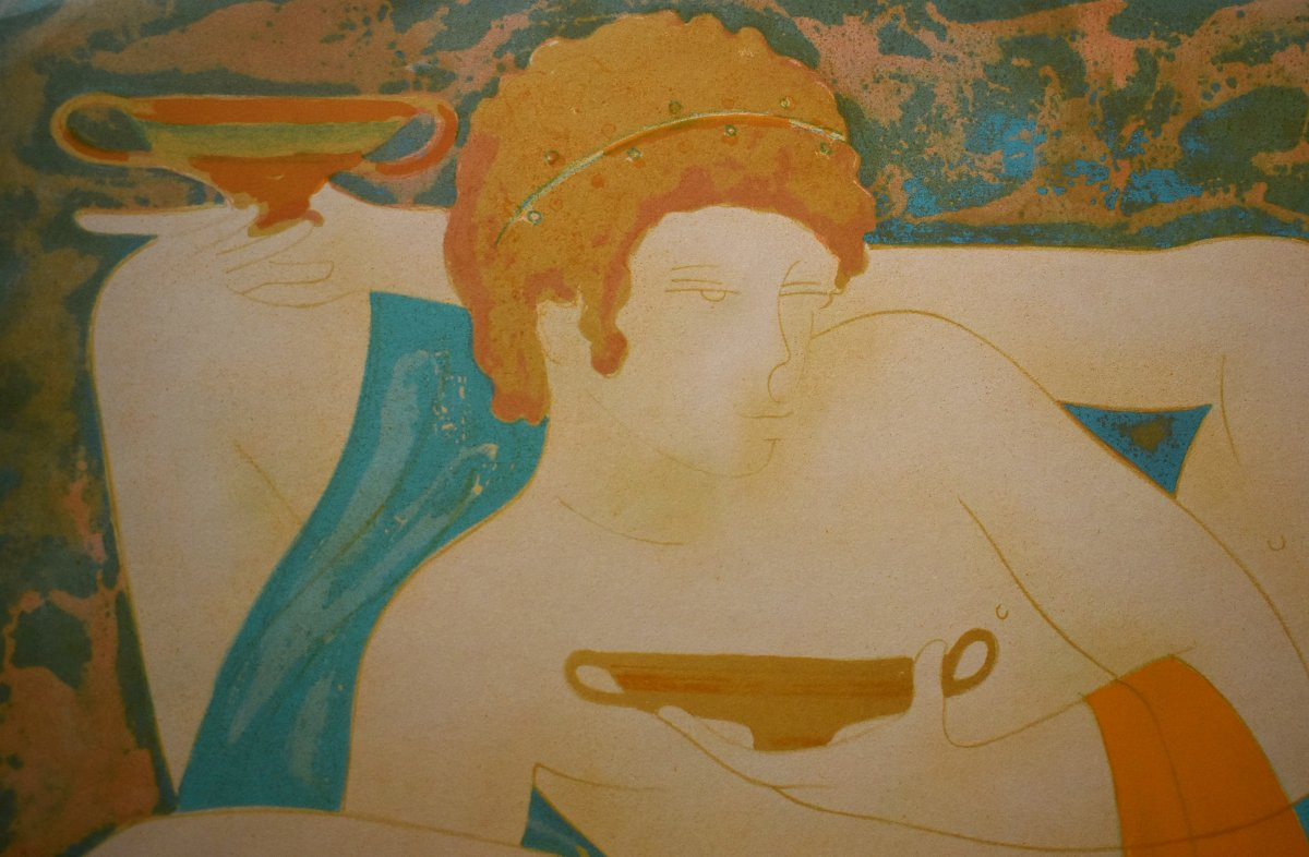Alain Bonnefoit  , Lithographie en couleur, papier vélin,   le festin , le banquet Romain , nu -photo-4