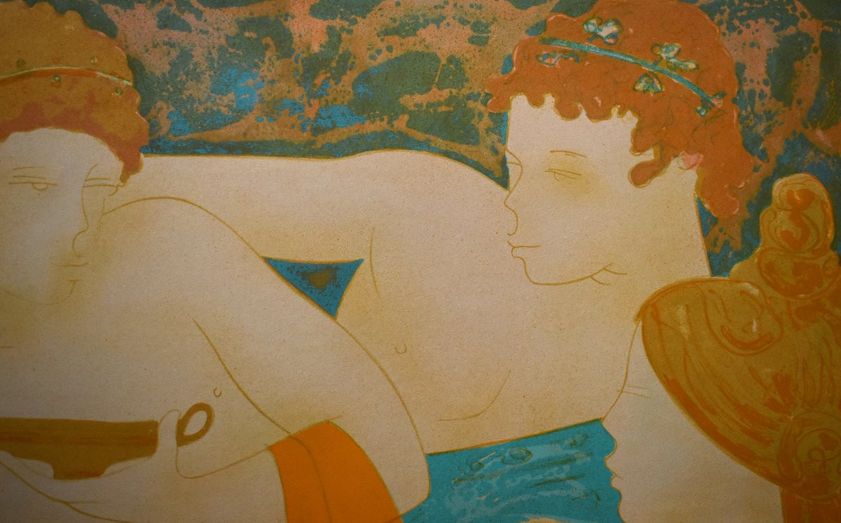 Alain Bonnefoit  , Lithographie en couleur, papier vélin,   le festin , le banquet Romain , nu -photo-2