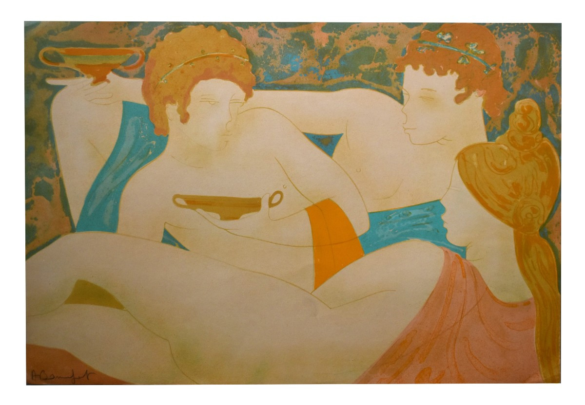 Alain Bonnefoit  , Lithographie en couleur, papier vélin,   le festin , le banquet Romain , nu 