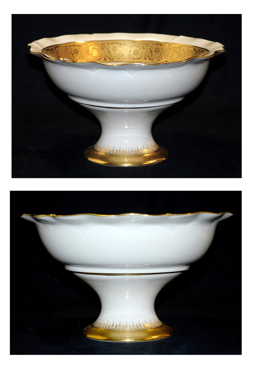 coupe sur pied en porcelaine de  Limoges, centre de table ateliers Malevergne, incrustation or-photo-4