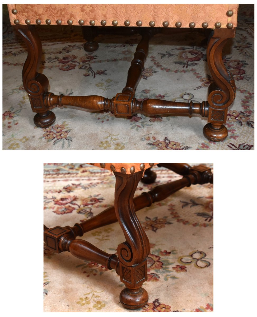 Grand et large fauteuil  de style Louis XIV en noyer massif à haut dossier plat , XIXe, refait,-photo-5