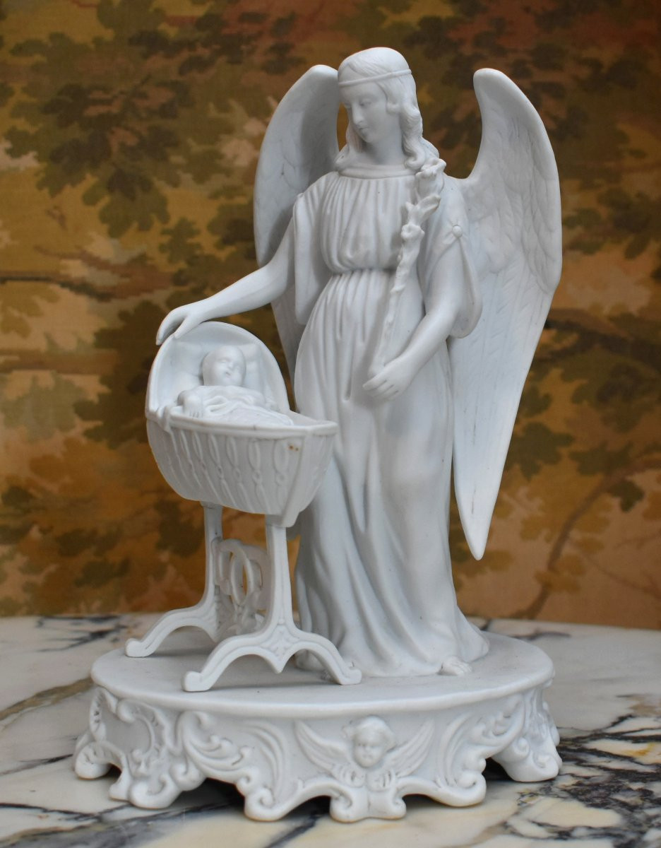 Porcelain Biscuit Group, Guardian Angel Statue And Child In Its Cradle, Sculpture.-photo-2