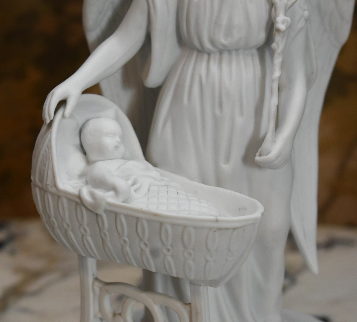 Porcelain Biscuit Group, Guardian Angel Statue And Child In Its Cradle, Sculpture.-photo-5