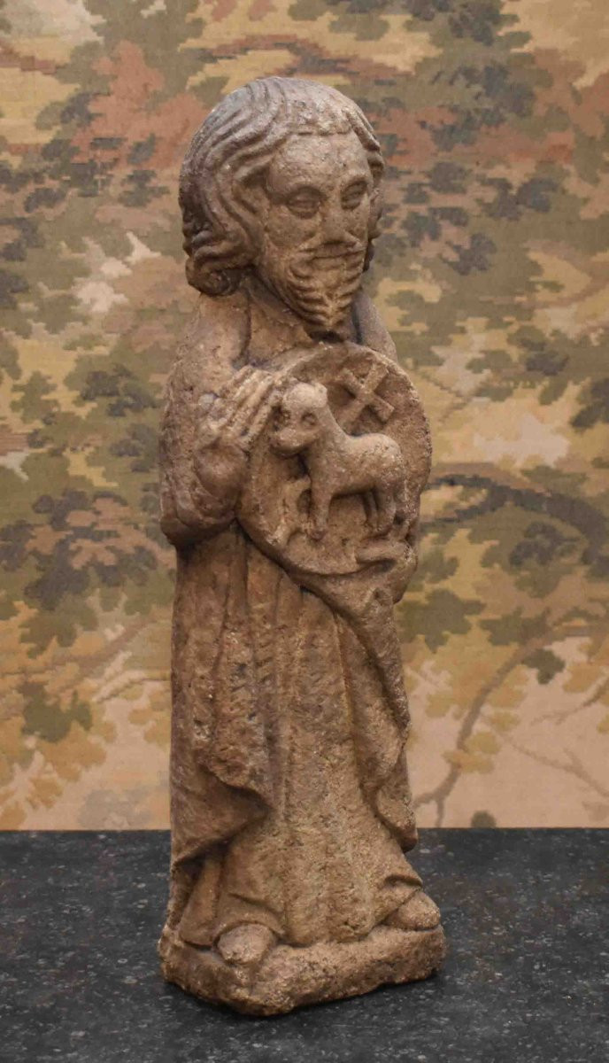 Statue en pierre sculptée, sculpture représentant Saint Jean Baptiste avec l'agneau et la croix-photo-2