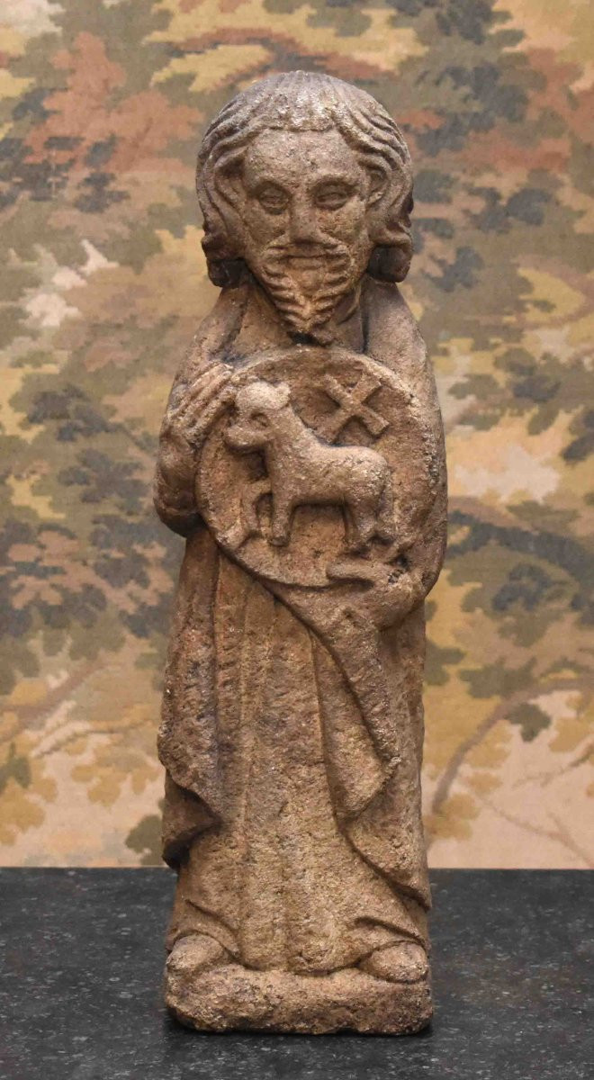 Statue en pierre sculptée, sculpture représentant Saint Jean Baptiste avec l'agneau et la croix-photo-3
