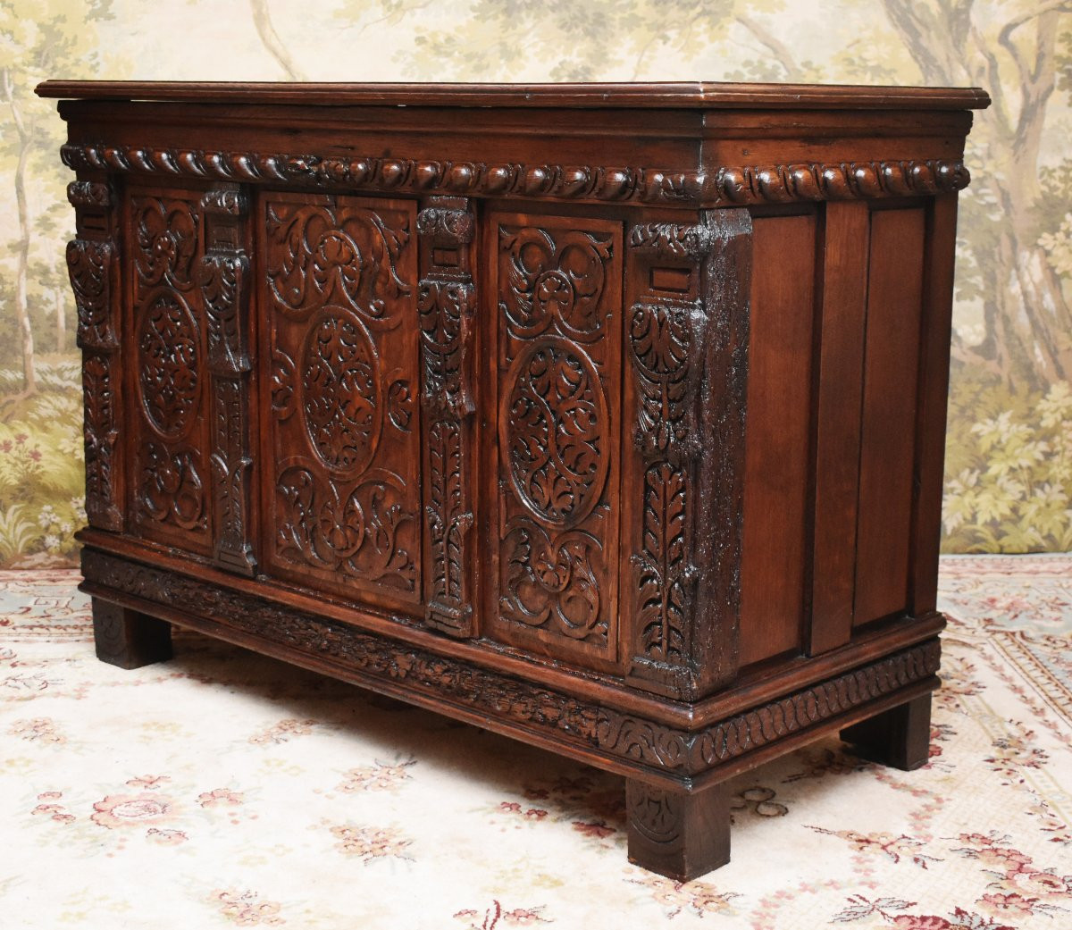 Renaissance Style Oak Chest, Decorated With Pilasters, Scrolls, Feathers And Gadroons, 19th Century-photo-1