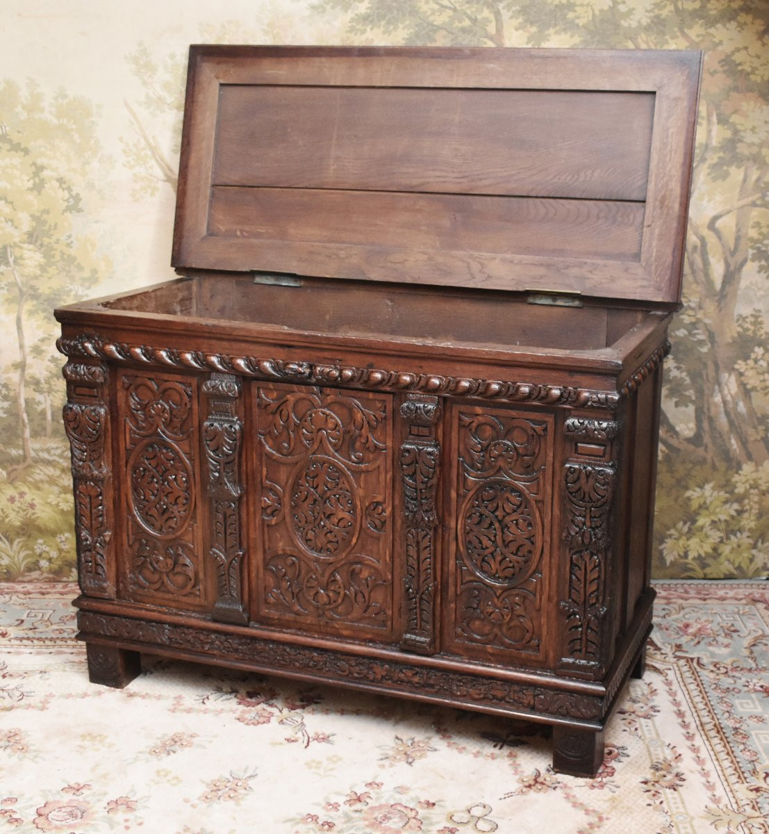 Renaissance Style Oak Chest, Decorated With Pilasters, Scrolls, Feathers And Gadroons, 19th Century-photo-2