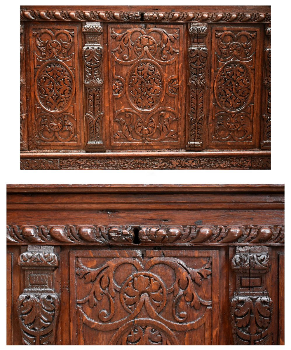 Renaissance Style Oak Chest, Decorated With Pilasters, Scrolls, Feathers And Gadroons, 19th Century-photo-4