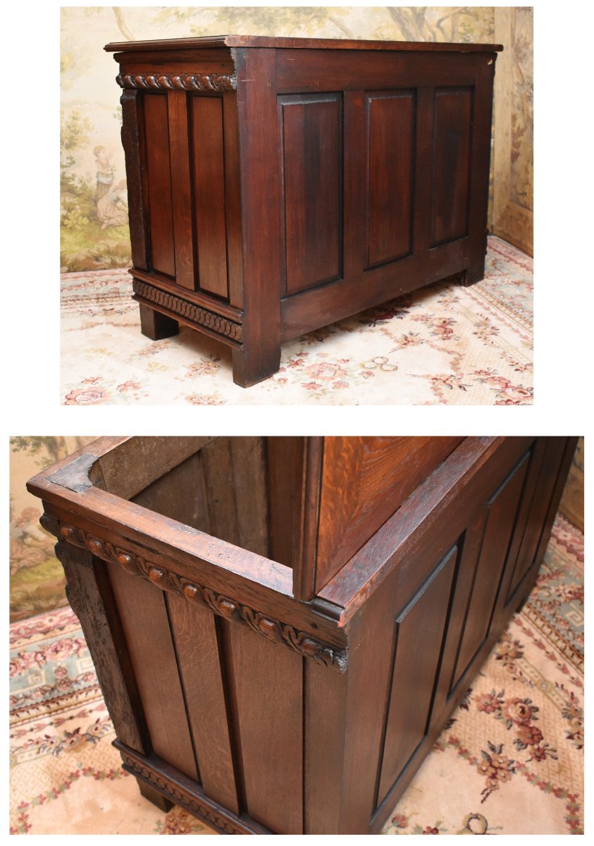 Renaissance Style Oak Chest, Decorated With Pilasters, Scrolls, Feathers And Gadroons, 19th Century-photo-7