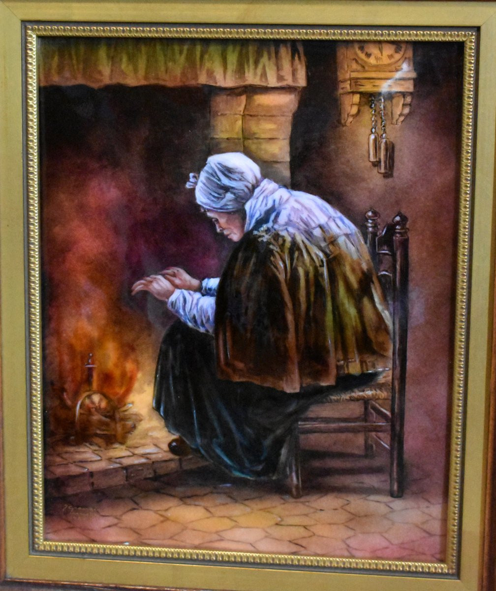 émail sur plaque en cuivre par J.  Granger à Limoges, vieille femme devant un feu de cheminée-photo-3