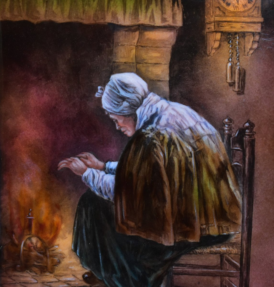 émail sur plaque en cuivre par J.  Granger à Limoges, vieille femme devant un feu de cheminée-photo-1