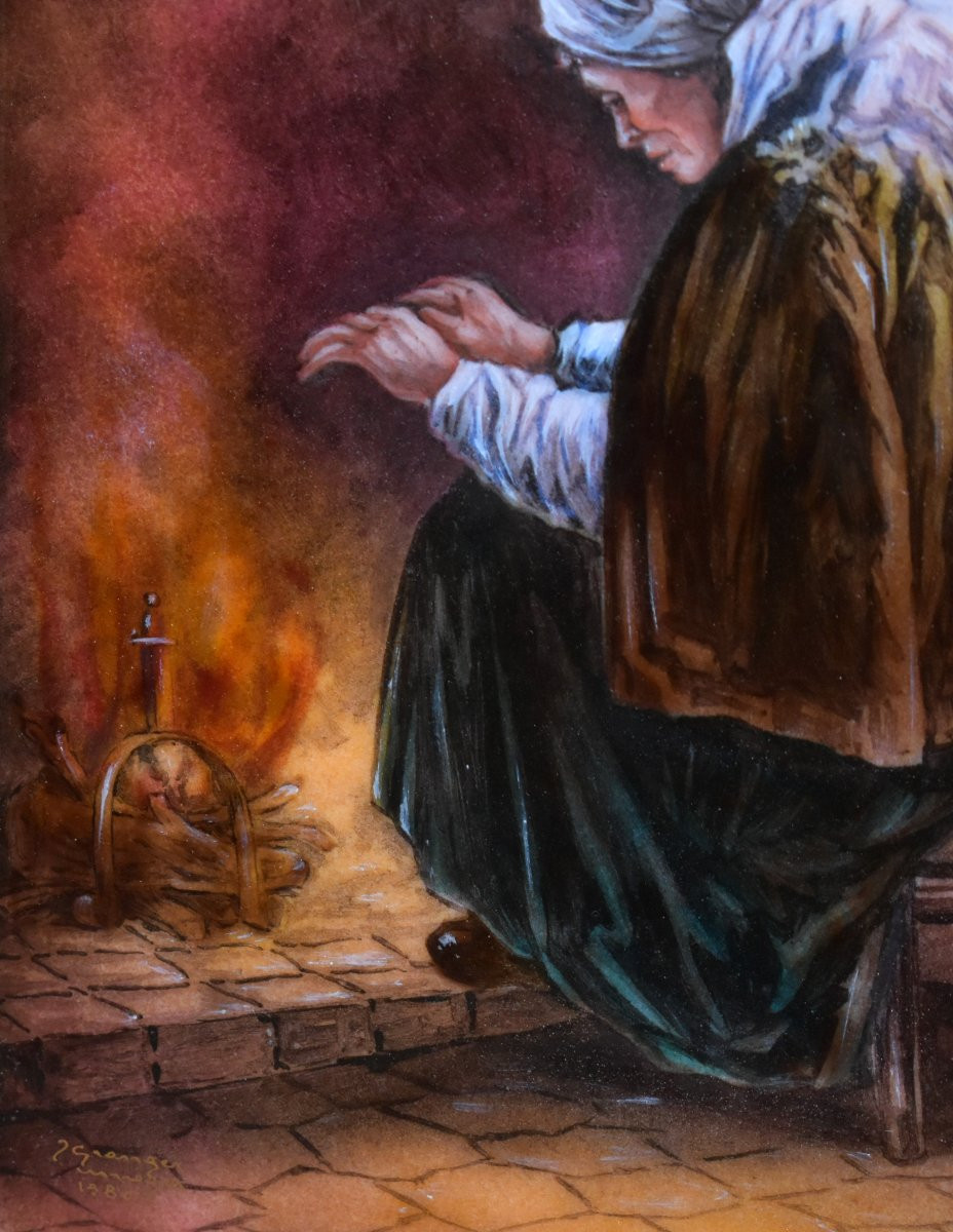 émail sur plaque en cuivre par J.  Granger à Limoges, vieille femme devant un feu de cheminée-photo-4