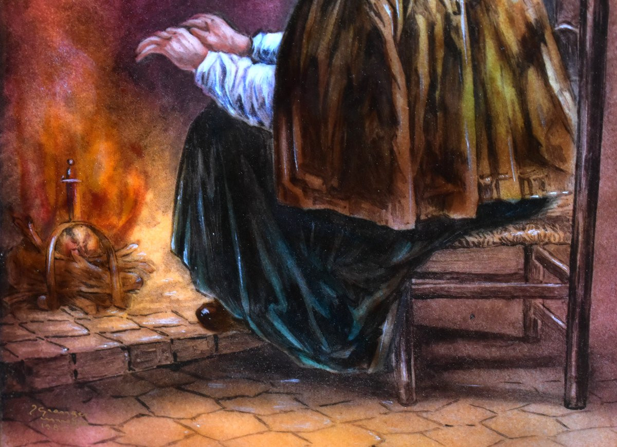 émail sur plaque en cuivre par J.  Granger à Limoges, vieille femme devant un feu de cheminée-photo-5