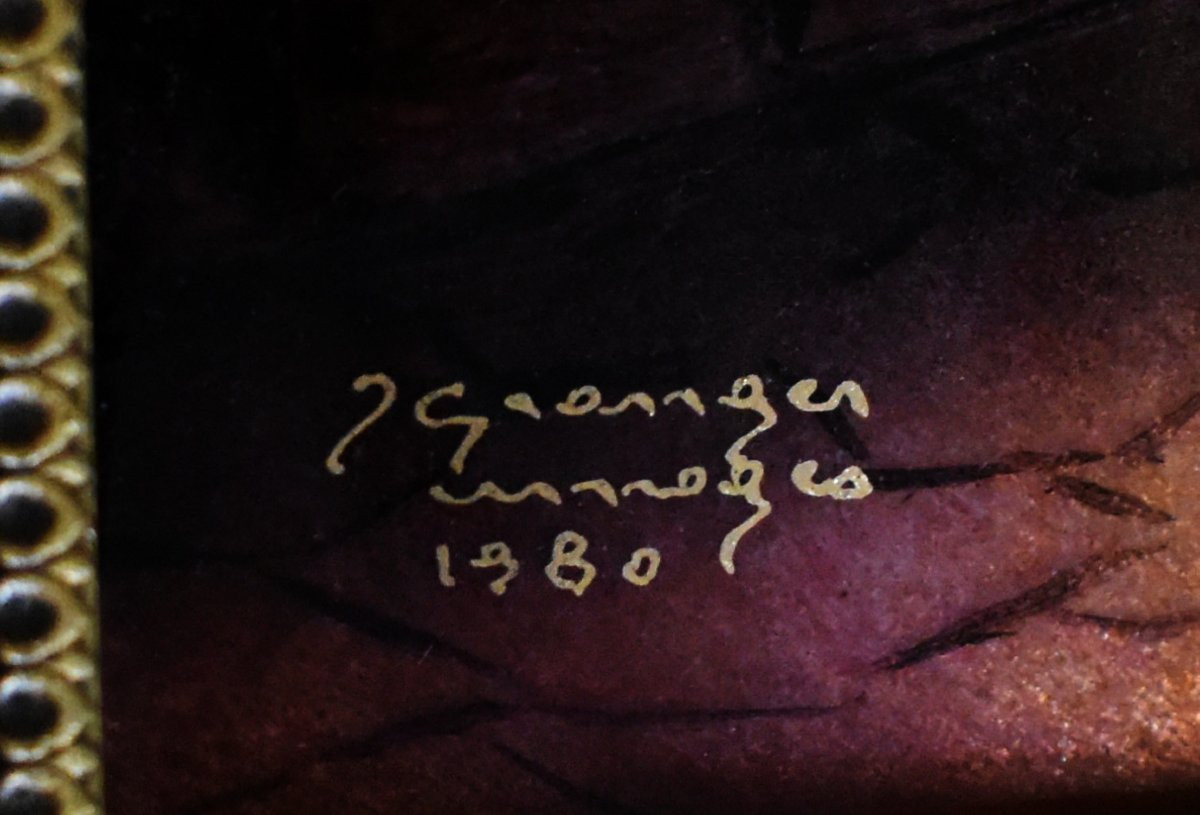 émail sur plaque en cuivre par J.  Granger à Limoges, vieille femme devant un feu de cheminée-photo-6