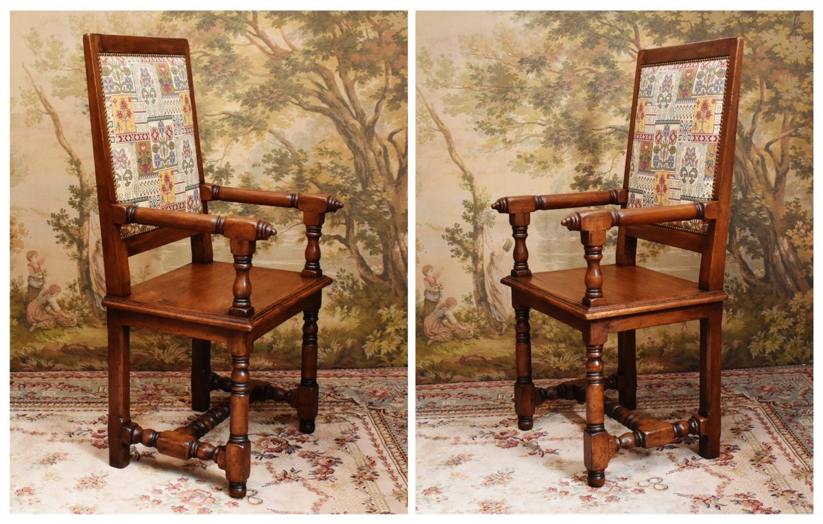 Armchair, Renaissance - Louis XIII Style Arm Chair, Wooden Seat, High Flat Back.-photo-3