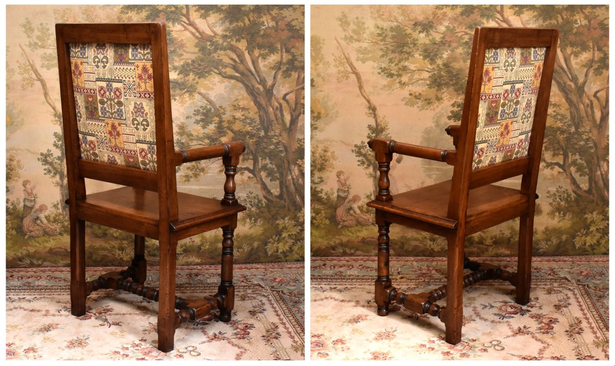 Armchair, Renaissance - Louis XIII Style Arm Chair, Wooden Seat, High Flat Back.-photo-1