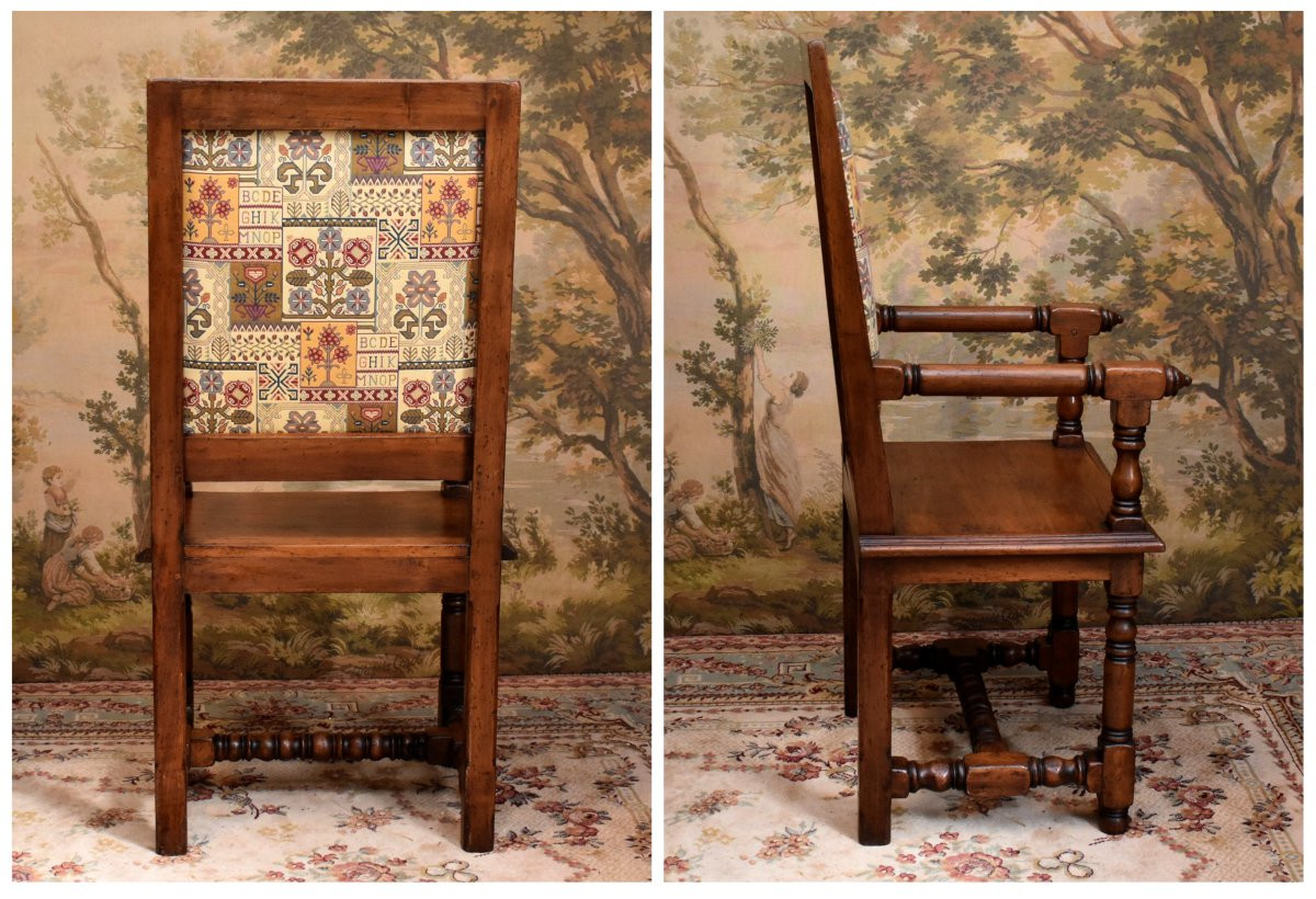 Armchair, Renaissance - Louis XIII Style Arm Chair, Wooden Seat, High Flat Back.-photo-2