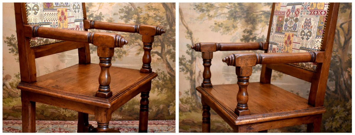 Armchair, Renaissance - Louis XIII Style Arm Chair, Wooden Seat, High Flat Back.-photo-4