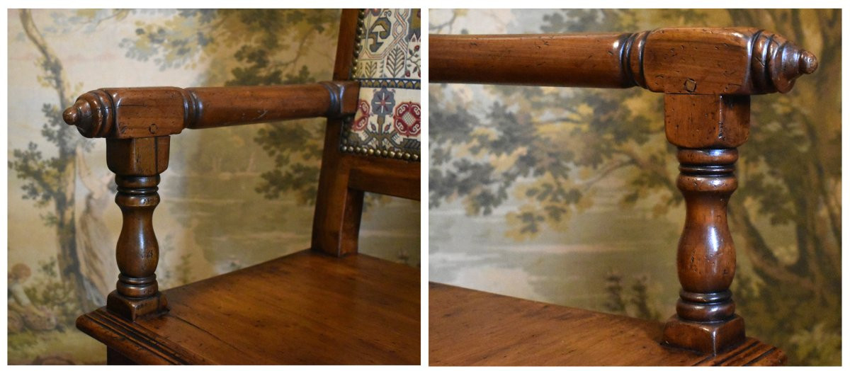 Armchair, Renaissance - Louis XIII Style Arm Chair, Wooden Seat, High Flat Back.-photo-5