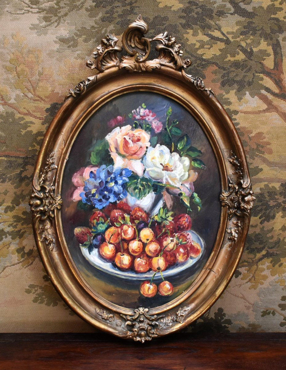 Still Life With Fruit And A Bouquet Of Flowers In An Oval Louis XV Rocaille Style Frame.-photo-2