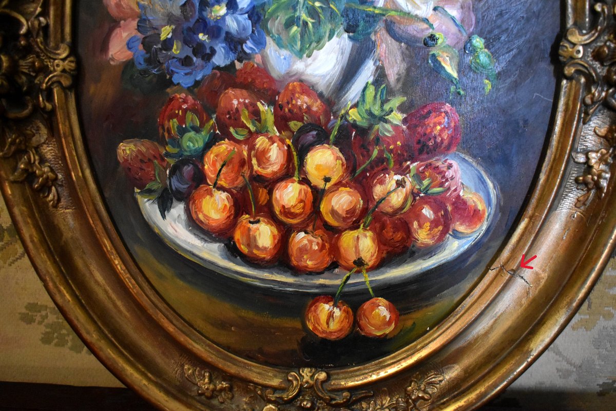 Still Life With Fruit And A Bouquet Of Flowers In An Oval Louis XV Rocaille Style Frame.-photo-2