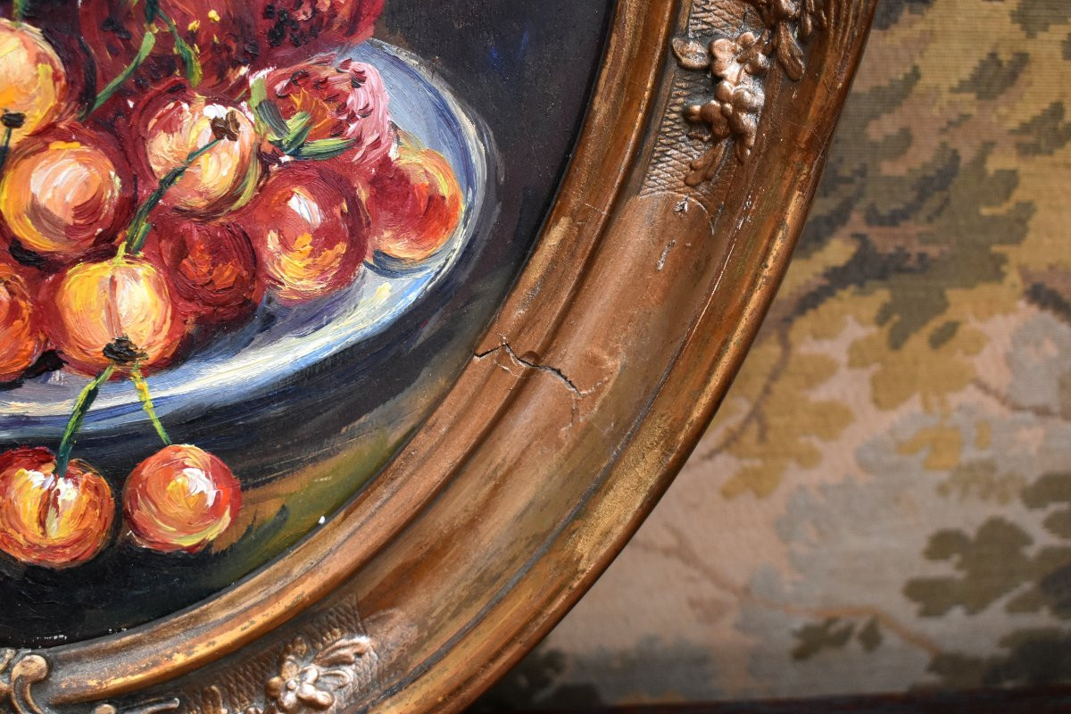 Still Life With Fruit And A Bouquet Of Flowers In An Oval Louis XV Rocaille Style Frame.-photo-4