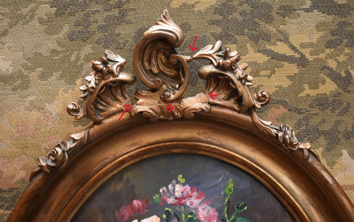 Still Life With Fruit And A Bouquet Of Flowers In An Oval Louis XV Rocaille Style Frame.-photo-5