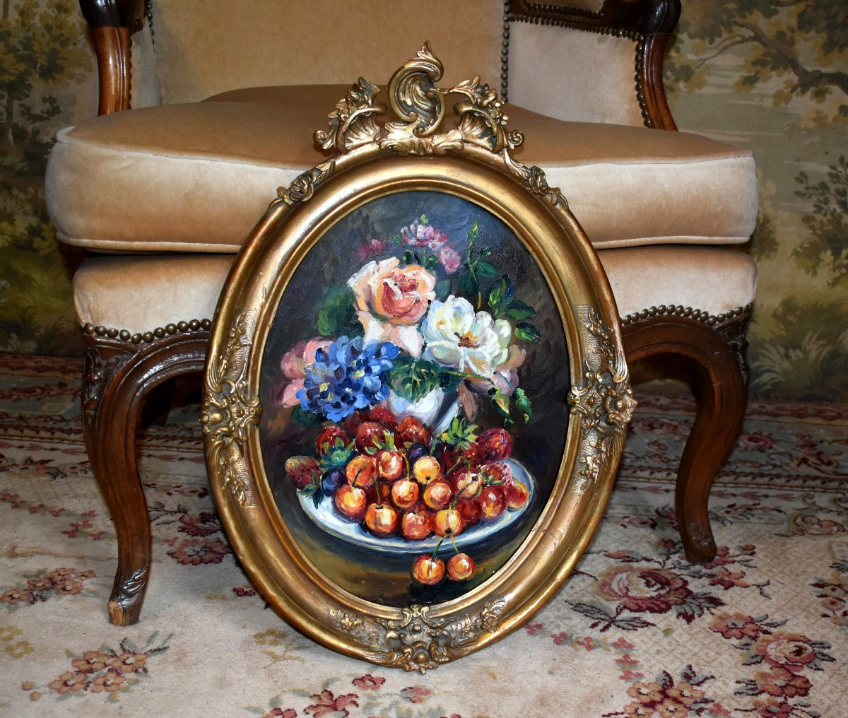 Still Life With Fruit And A Bouquet Of Flowers In An Oval Louis XV Rocaille Style Frame.
