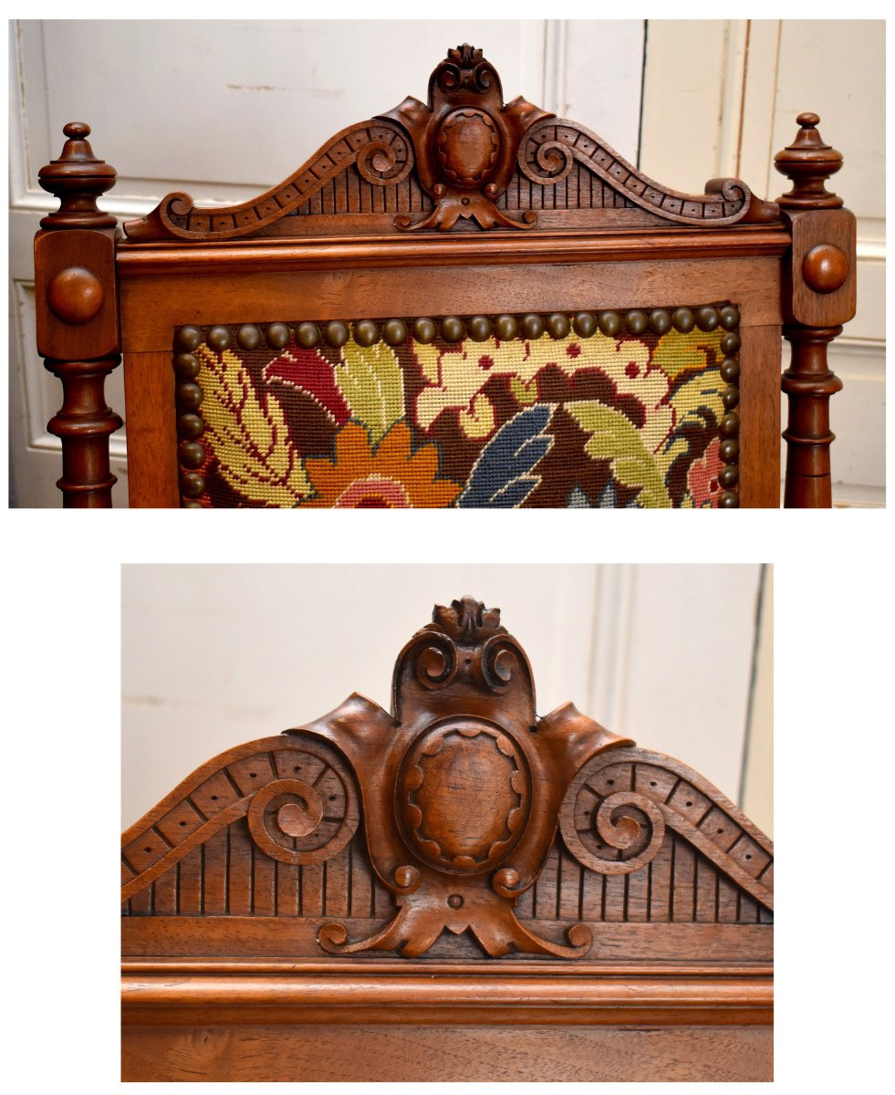Large Renaissance Style Walnut Armchair, 19th Century Ceremonial Seat With Small Dots Fabric-photo-5