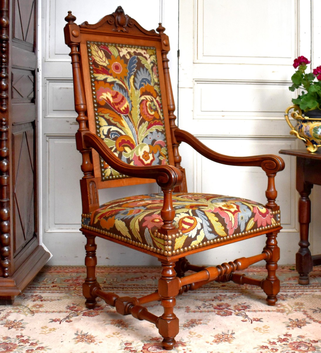 Large Renaissance Style Walnut Armchair, 19th Century Ceremonial Seat With Small Dots Fabric
