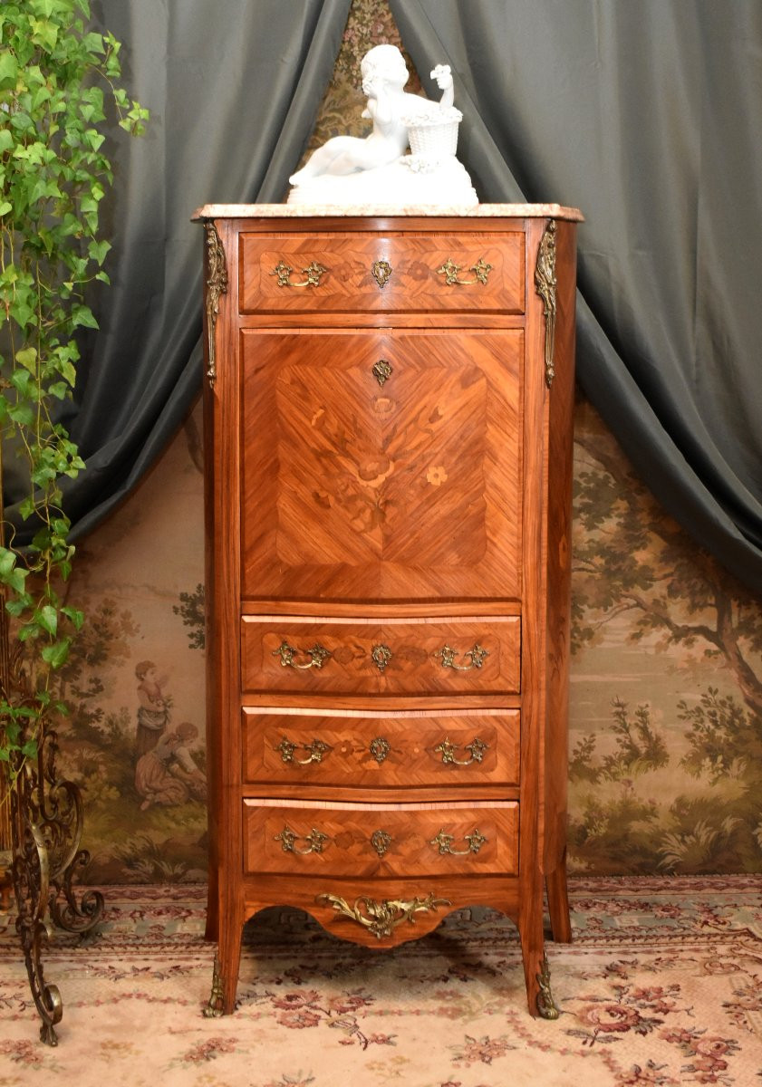 Secrétaire de style transition  Louis XV - Louis XVI en marqueterie de  bois précieux,-photo-2