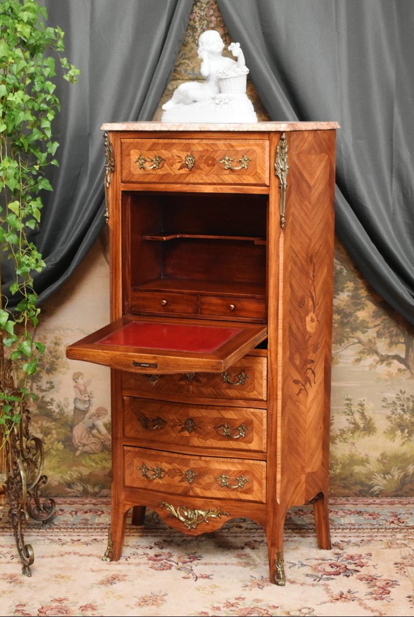 Secrétaire de style transition  Louis XV - Louis XVI en marqueterie de  bois précieux,-photo-4