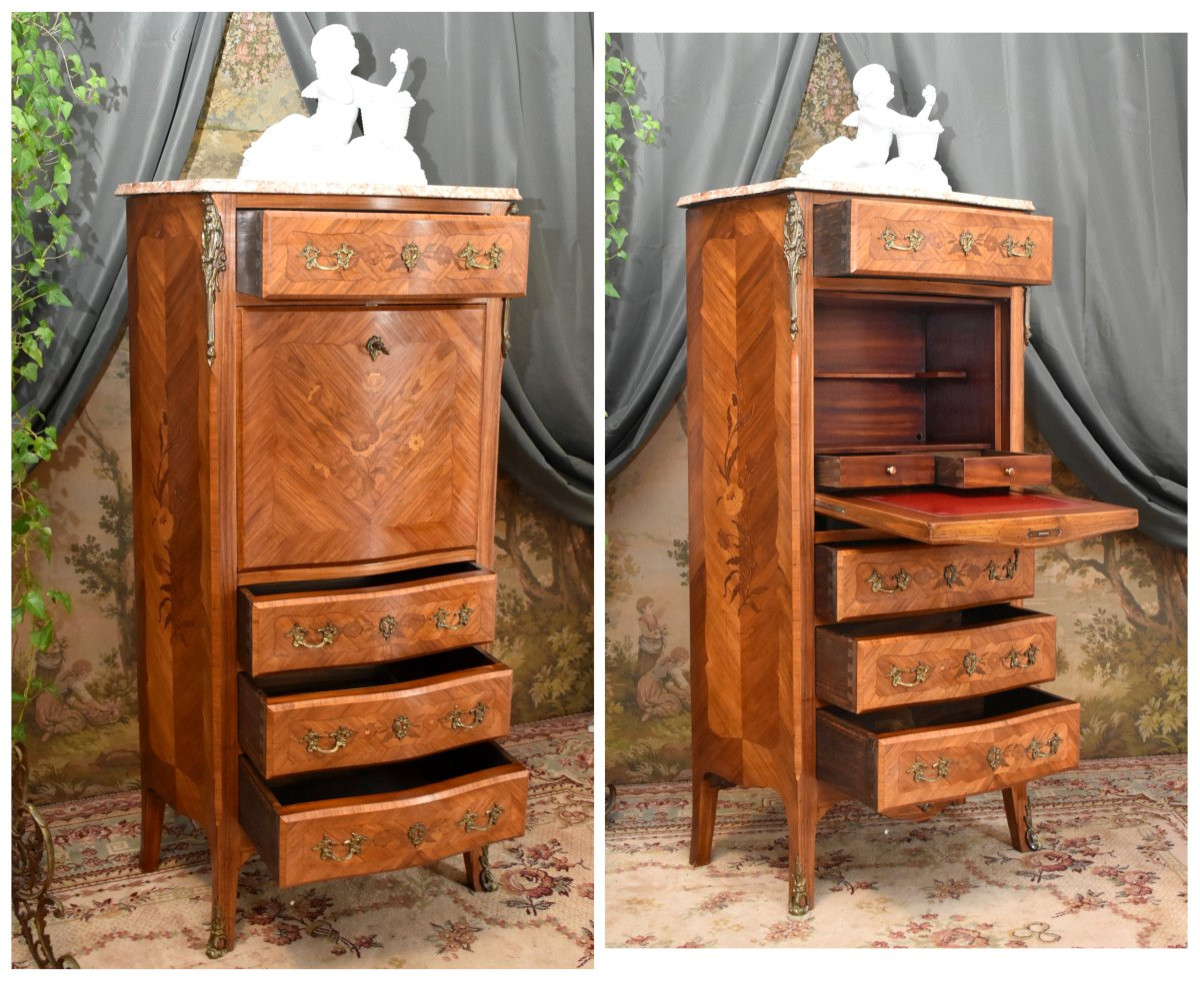 Secrétaire de style transition  Louis XV - Louis XVI en marqueterie de  bois précieux,-photo-1