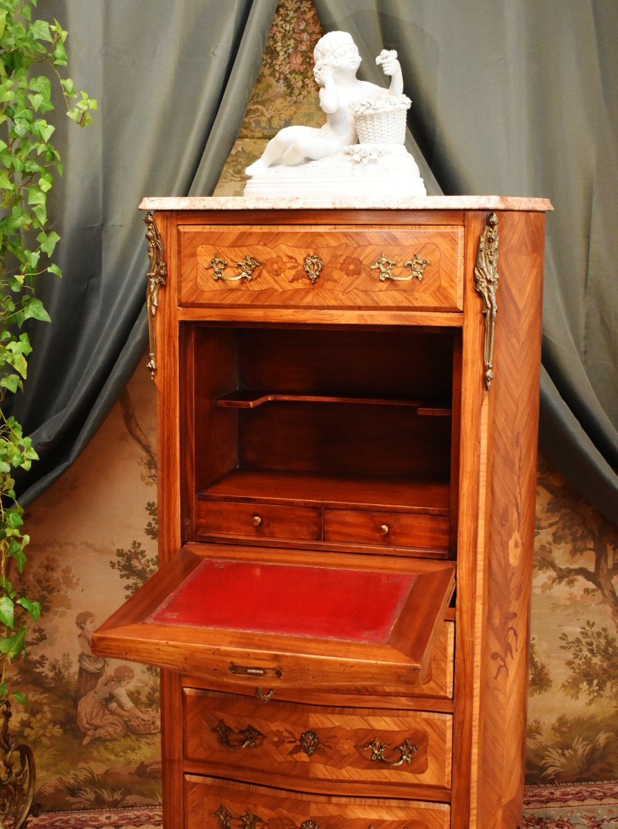 Secrétaire de style transition  Louis XV - Louis XVI en marqueterie de  bois précieux,-photo-3