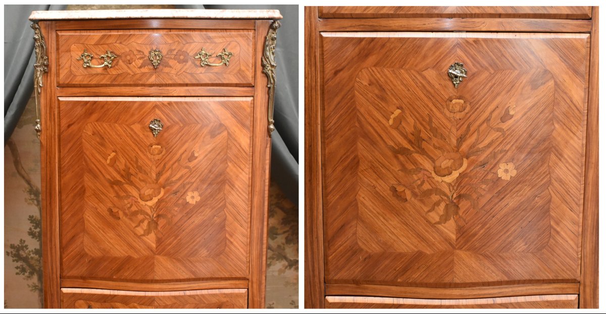 Secrétaire de style transition  Louis XV - Louis XVI en marqueterie de  bois précieux,-photo-5
