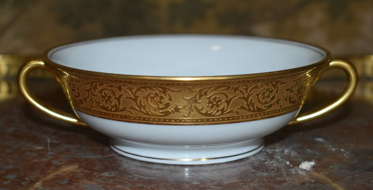 Haviland Porcelain, Thestle Pattern, Soup Bowl And Saucer, Double Gilt Gold Inlay-photo-1