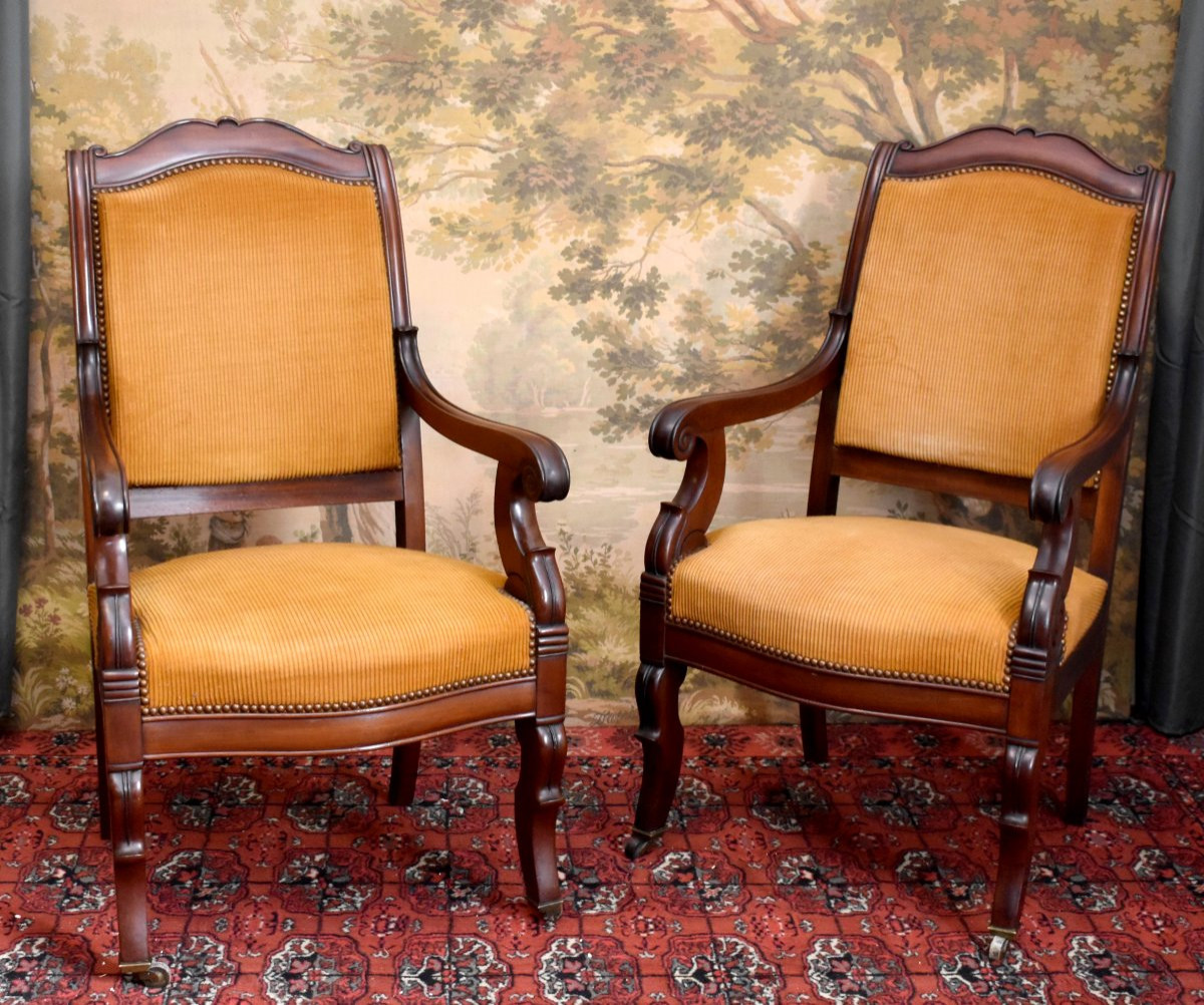 Pair Of Mahogany And Mahogany Veneer Armchairs, Restoration Period, 19th Century, Velvet Fabric-photo-2