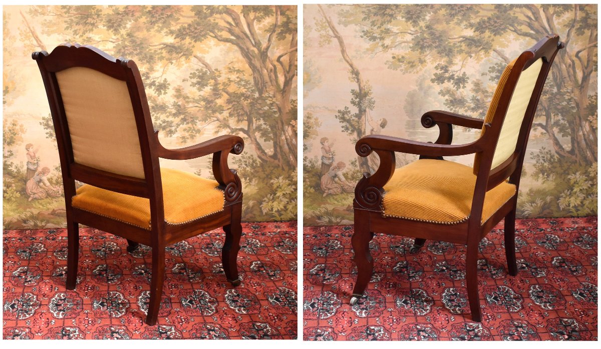 Pair Of Mahogany And Mahogany Veneer Armchairs, Restoration Period, 19th Century, Velvet Fabric-photo-2
