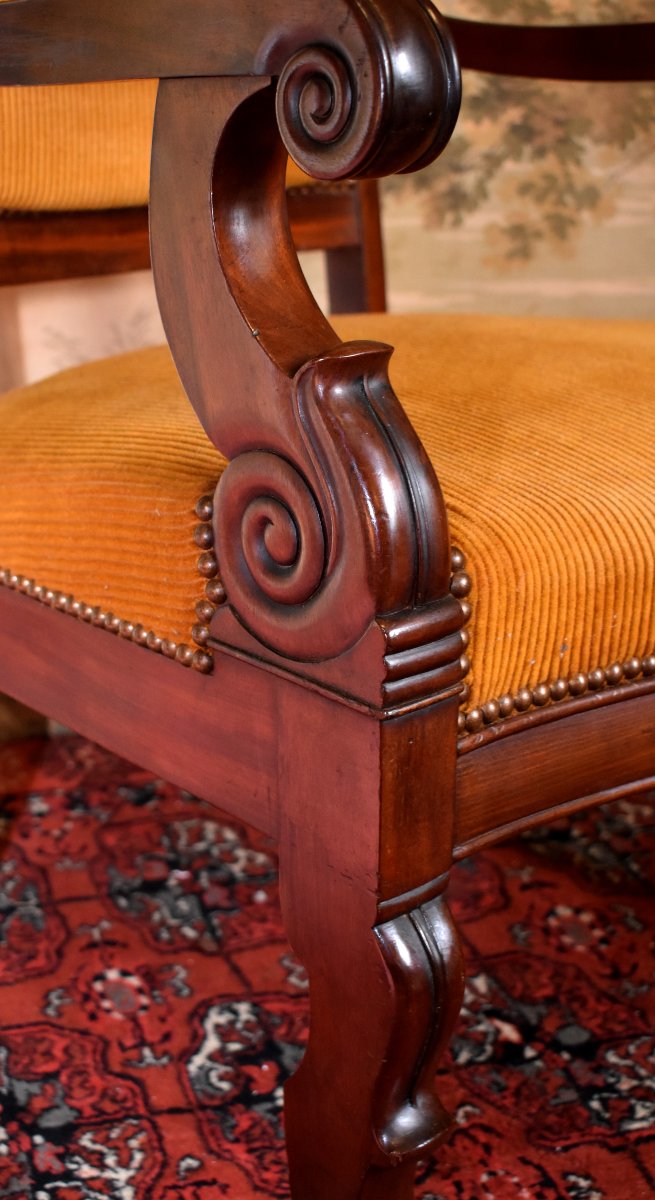 Pair Of Mahogany And Mahogany Veneer Armchairs, Restoration Period, 19th Century, Velvet Fabric-photo-3