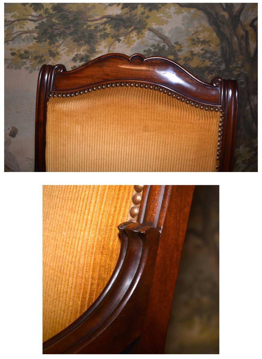 Pair Of Mahogany And Mahogany Veneer Armchairs, Restoration Period, 19th Century, Velvet Fabric-photo-5