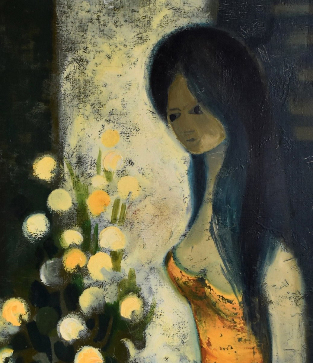 Bernard Conte, Painting Entitled "yellow Harmony" Portrait Of A Young Woman, Gilded Frame.-photo-3