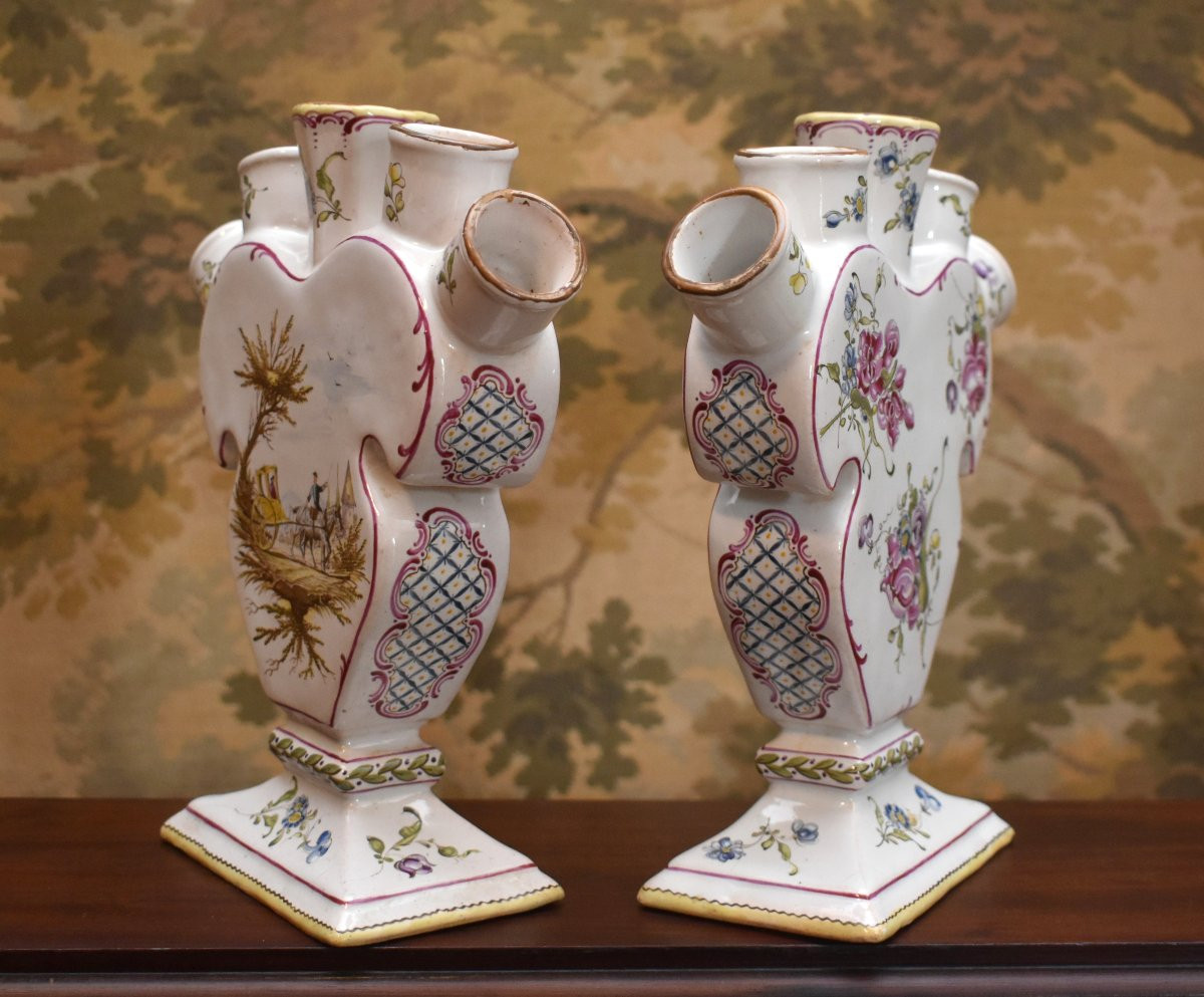 Paire de vase tulipiers ,  bouquetières en faïence,  marque apocryphe veuve Perrin, par Samson-photo-3