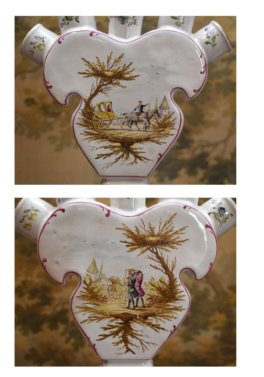 Paire de vase tulipiers ,  bouquetières en faïence,  marque apocryphe veuve Perrin, par Samson-photo-5