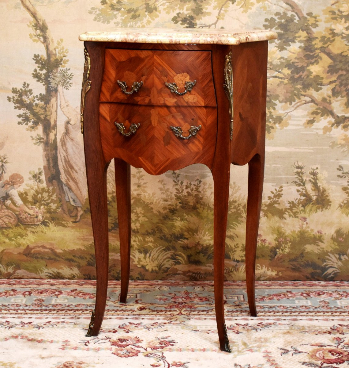 Louis XV Style Marquetry Bedside Table, Marble Top, Precious Wood Veneer, Floral Decoration.-photo-3