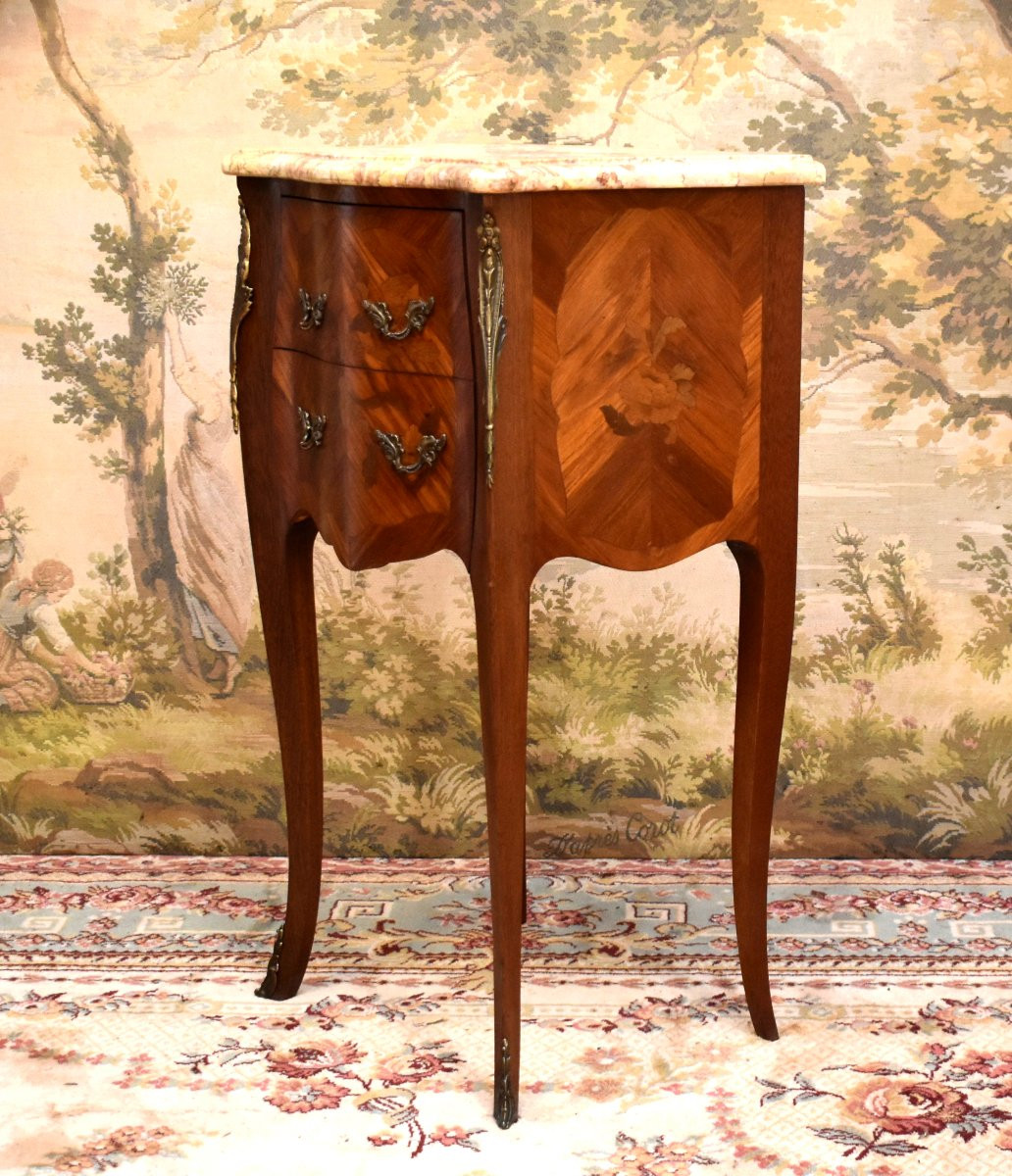 Louis XV Style Marquetry Bedside Table, Marble Top, Precious Wood Veneer, Floral Decoration.-photo-4