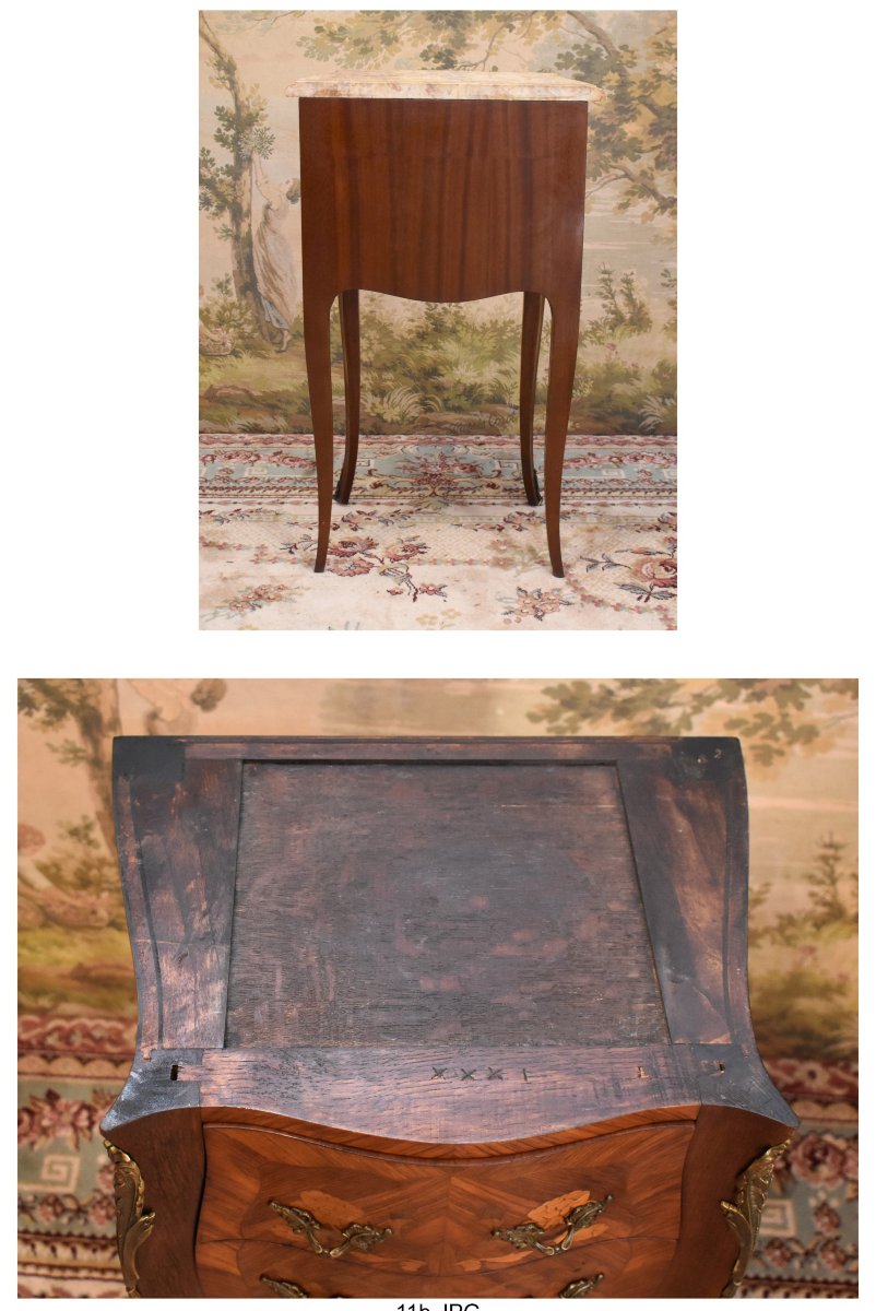 Louis XV Style Marquetry Bedside Table, Marble Top, Precious Wood Veneer, Floral Decoration.-photo-7
